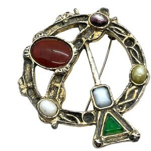 Celtic Brooch Pin Retro Penannular Distressed Gold Tone Acrylic and Stone "Gems"